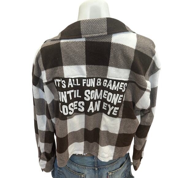 Plaid Fleece Button Up Crop Top MEDIUM All Fun Games Until Someone Loses An Eye - Picture 1 of 6